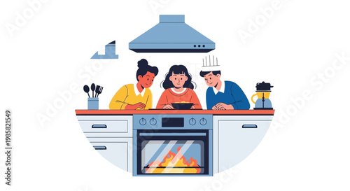 Family Cooking in Modern Kitchen with Fire Burning Oven