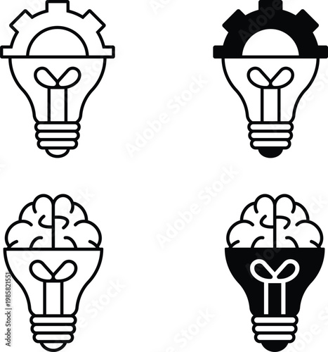 Minimalist Innovation Icons Set with Brain, Gear, and Light Bulb Concepts