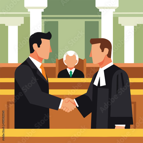 A lawyer and a judge shaking hands inside a courtroom with a judge in background