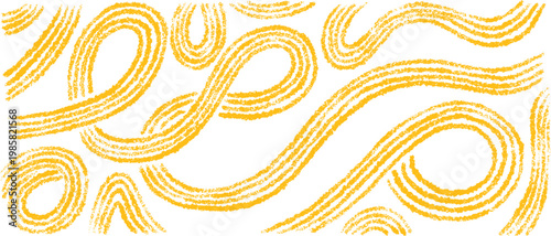 Hand drawn pasta noodle in funky doodle style. Asian and italian food illustration with wavy lines, vermicelli pattern and whimsical geometric yellow shapes on transparent backdrop. Vector pastel art