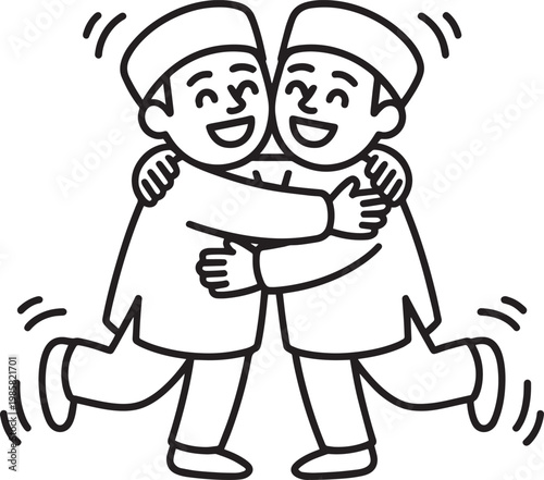 Two happy men in kufi hats hugging and celebrating with joyful expressions in outline style