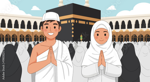 Majestic Islamic Holy Site Silhouette Illustration with Kaaba and Minarets, Representing Mecca's Sacred Architecture and Spiritual Journey