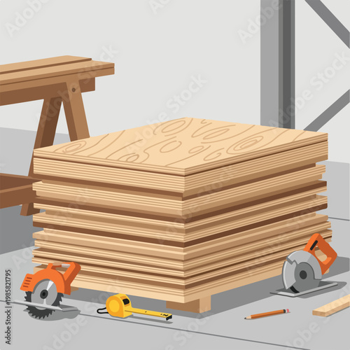 A stack of wooden plywood boards with carpenter tools on a concrete floor site
