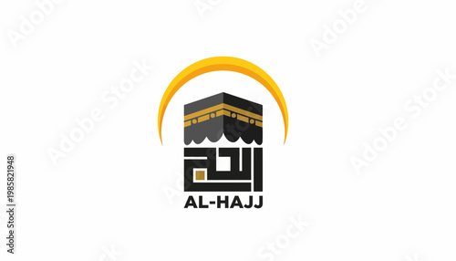 Stylized illustration depicting the sacred Kaaba under a golden crescent arch, symbolizing the spiritual pilgrimage of Hajj in Islam