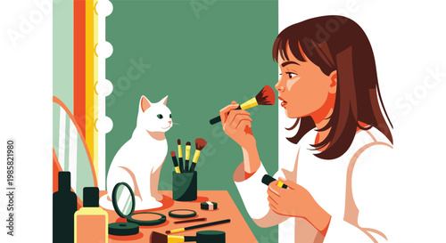 A young woman applies makeup while sitting at a vanity with her white cat