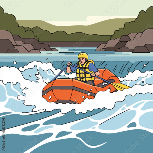A person in a yellow helmet and life vest whitewater rafting on a rushing river
