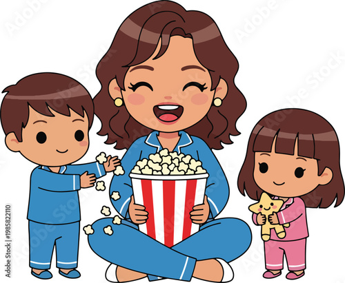 Smiling mother and young children eating popcorn during cozy family pajama party in living room.