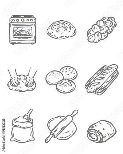 Artisan bakery and bread making doodle set. Trendy line art featuring oven, sourdough, baguette, flour sack, and kneading hands. Ideal for bakery menus, flour branding, and cozy kitchen stickers.