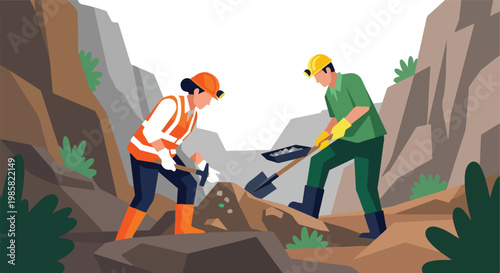 Two workers in safety gear using tools to extract minerals from a rocky terrain