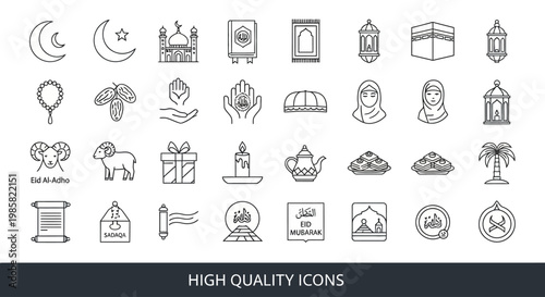 Elegant Outline Islamic and Muslim Culture Icons Collection for Ramadan and Eid Celebrations Vector Set