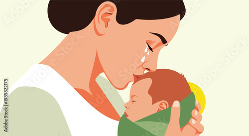 A grieving mother with tears kissing the forehead of her swaddled newborn baby