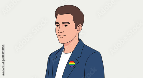 Illustration of a young man in a blue blazer wearing a rainbow pride lapel pin