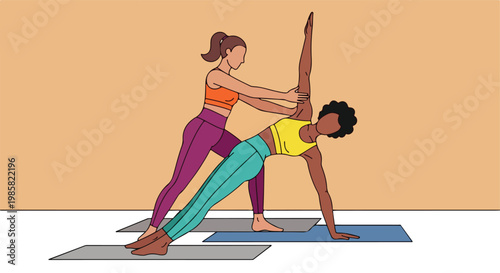 A yoga instructor helps a student improve their side plank pose in a studio