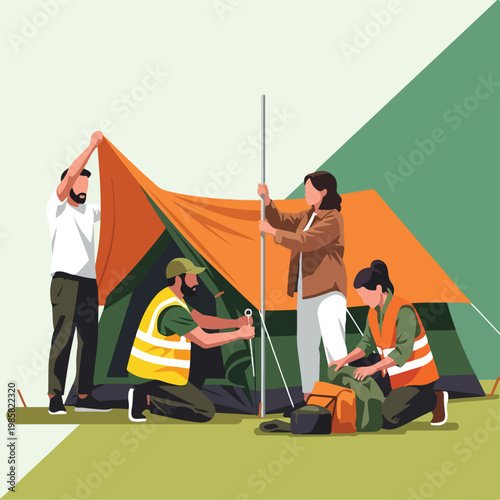 Four people working together to set up an orange and green tent outdoors