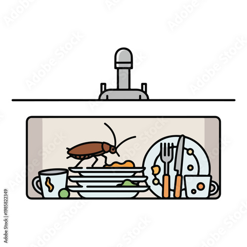 A brown cockroach crawls over a stack of dirty dishes in a kitchen sink basin