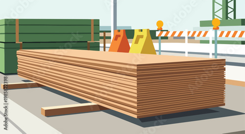 A stack of wooden boards rests on a construction site with barriers and cones