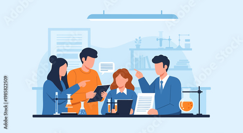 Diverse Team Collaborating on Scientific Research in a Laboratory.