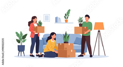 Casual family moving day indoors with cardboard boxes and plants