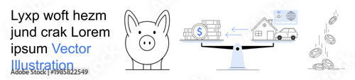 Saving money, financial management, debt balance, loans, wealth growth, economy. Piggy bank with scales, money flow and housing icons. Saving money and financial management