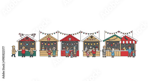 Festive christmas market scene with colorful stalls and cheerful people