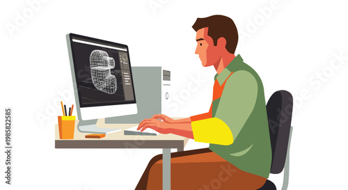 A professional graphic designer working on a 3D digital model on his desktop PC