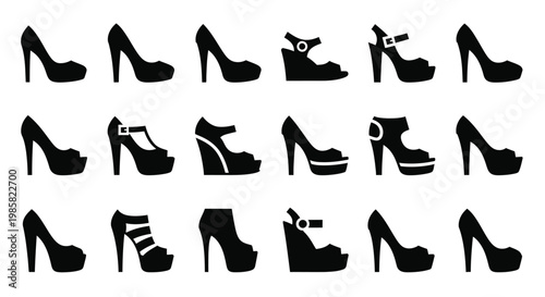 Collection of various black high heel shoe silhouettes on white background