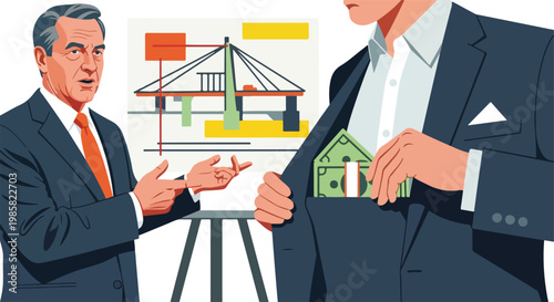 A man presents a bridge project while another puts cash into his suit pocket