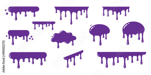 Vibrant Purple Dripping Liquid Vector Set Melting Paint, Slime, Goo Design Elements and Borders Collection