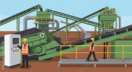 Workers operating heavy crushing machinery with conveyor belts at a stone quarry