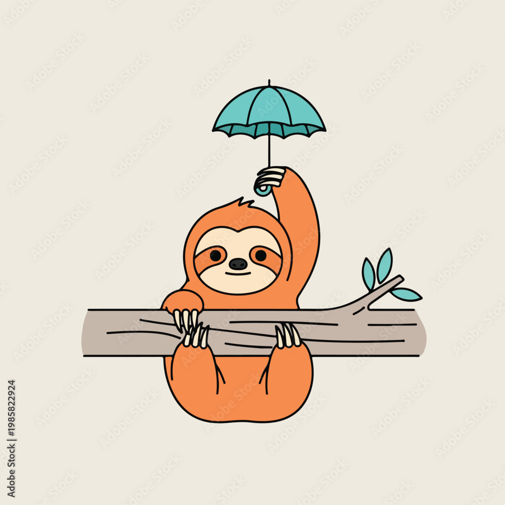 Fototapeta premium A cute cartoon orange sloth hanging on a branch while holding a small umbrella