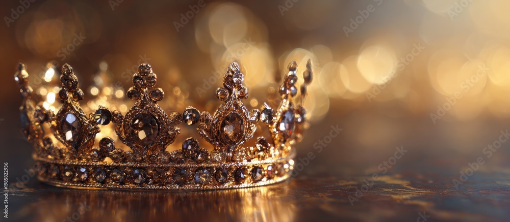 Obraz premium Ornate Royal Crown with Gemstones on Textured Surface Soft Bokeh Background