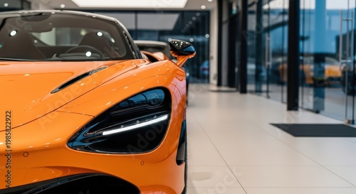 Close up of a sleek orange sports car parked in a modern dealership showroom with bright interior lighting