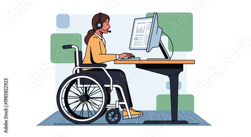 A woman in a wheelchair using a computer headset at a desk in an office setting