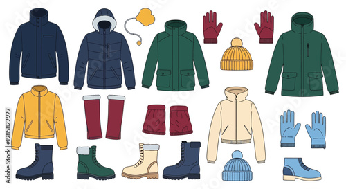 Collection of colorful winter clothing items arranged on a white background