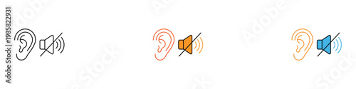 Hearing loss and mute volume icon set for accessibility and audio control. Human ear and silenced speaker symbols. Vector Illustration.