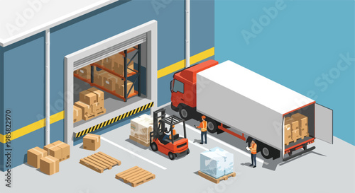 Isometric view of workers using a forklift to load boxes onto a delivery truck