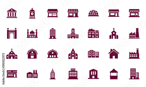 Diverse Building Icons Vector Set City, Town and Rural Architecture Silhouettes for Maps, UI, and Business