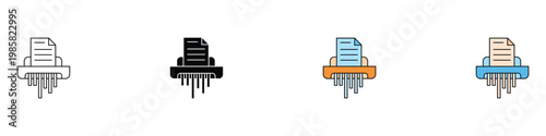 Paper shredder machine icon set for document destruction and office security. Minimalist collection of confidential file disposal and privacy protection symbols. Vector Illustration.