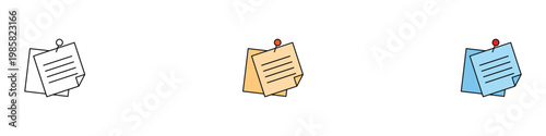Sticky note icon set with push pin for reminder and office stationery. Paper memo and notice board symbols. Vector Illustration.