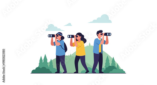 Group of Young People Hiking with Binoculars in Nature
