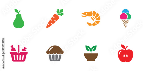 Food and Grocery Icons Set Healthy Eating, Fresh Produce, Dessert and Shopping Basket Vector Glyphs