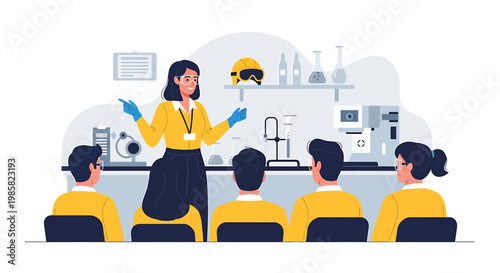 Enthusiastic Female Teacher Explaining Science Experiment to Students in Classroom.