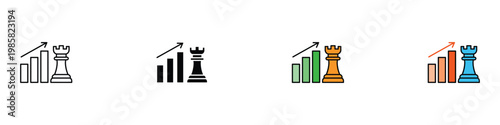 Business strategy and growth icon set for financial success and career planning. Minimalist collection of chess rook and bar chart graph symbols with rising arrow. Vector Illustration.