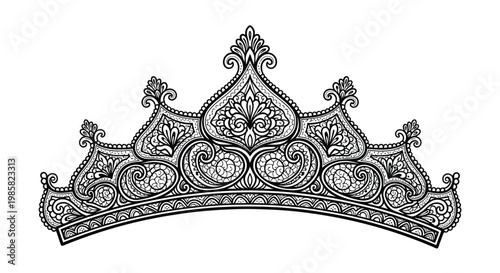 Intricate black and white illustration of a regal ornamental crown