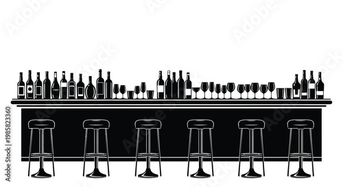Black and white illustration of a classic bar setup with stools