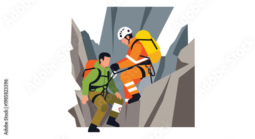 A mountain rescue professional helps a hiker navigate a steep rocky cliff face
