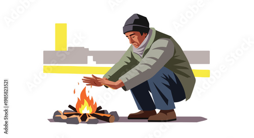 A person in winter clothes crouches to warm their hands over a small campfire