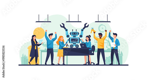 Enthusiastic Team Assembling a Robot with Tools and Celebration.