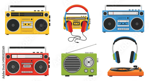 Colorful vintage boomboxes headphones and a turntable on white background