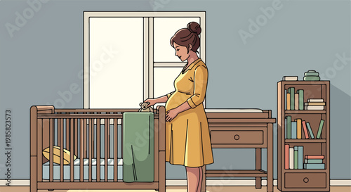 A pregnant woman in a yellow dress stands beside a baby crib in a nursery room
